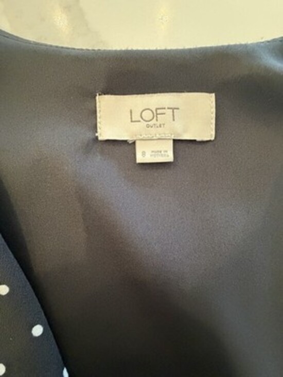 LOFT Black/White Polka Dot Wait Tie Faux Wrap 3/4 Sleeve Mini Skater Dress, Sz 8 - Picture 6 of 16